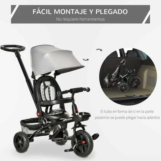 Homcom - Triciclo Plegable Evolutivo Con Capota Gris 7 Homcom - Triciclo Plegable Evolutivo Con Capota Gris - Imagen 5